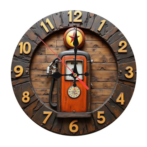 Orange Gas Pump with Star Emblem & Built-in Mini Clock Wooden Wall Clock 25cm×25cm