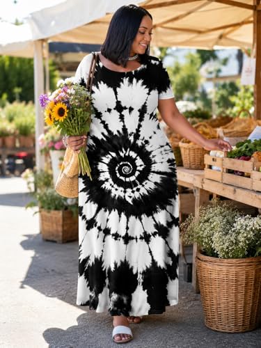 Image of SUZONANA Plus Size Maxi Dress for Curvy Women Summer Casual Sundress Short Sleeve Loose Vacation Dress