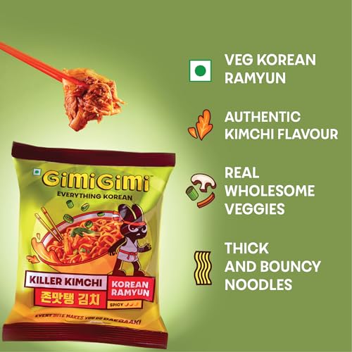 Image of GIMI GIMI - Killer Kimchi, 125g | Veg Korean Ramyun | Authentic Gochugaru Chillies | Thick & Bouncy Noodles