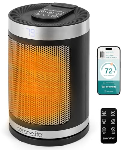 SereneLife Smart Space Heater – 1500W Indoor Electric Heater with Thermostat, Remote Control, 12-Hour Timer, Wi-Fi Enabled PTC Ceramic Heating for Home and Office, Black (5.9' x 5.9' x 9.5')