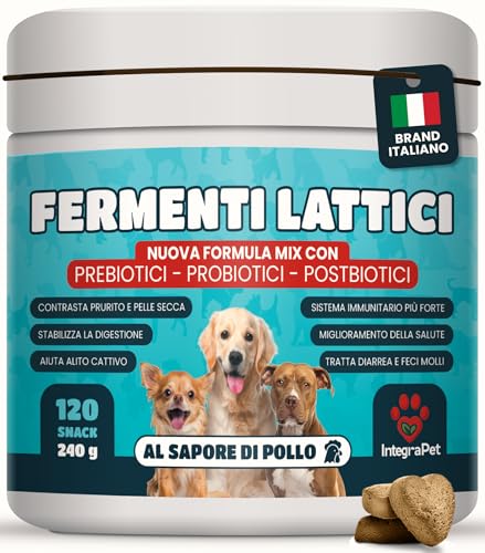 Integrapet Probiotici Cane Prurito e Alito Cane – Probiotici e Prebiotici Digestivi Snack Naturali, 120 Masticabili Gusto Pollo, Prodotti per Cani per Benessere Intestinale e Pelle