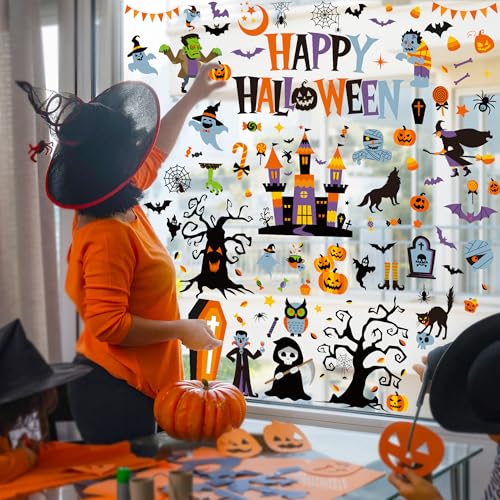 Image of 116PCS Halloween Window Clings, 9 Sheets Halloween Decorations, Cute Witch Tree Zombie Ghost Patterns PVC Window Stickers for Treat or Trick Party Favors Decal Supplies Decor Accessories