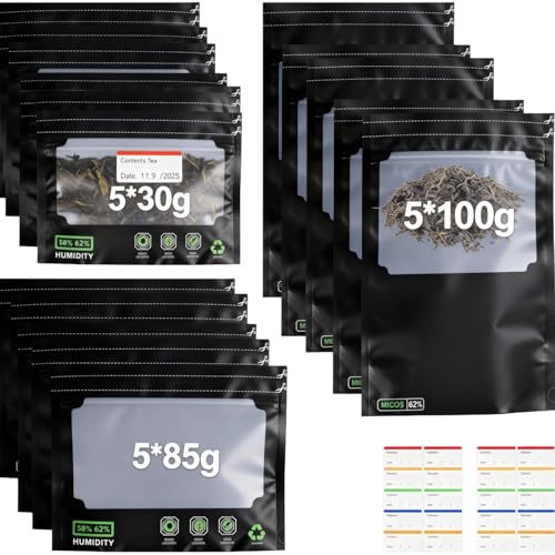 15 für 100g/85g/30g Wiederverwendbare Aufbewahrungsbeutel mit Labels, Luftdichte und Geruchskontrolle + UV-Schutz, Feuchtigkeitskontrolle (58-62%), für Snacks,Kräuter,Tee (15)
