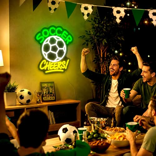 Image of Soccer Cheers LED Neon Sign, Green Ball Wall Light for Sports Bar, Fan Cave, Game Room, Bedroom and Team Room Decor, USB Powered Dimmable Gift for Fans, 13.8 x 13 in