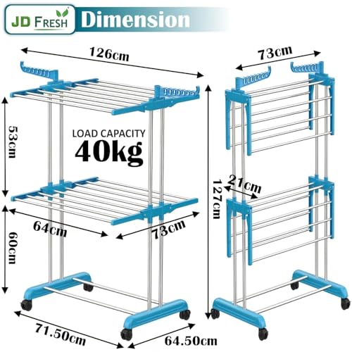 Image of JD FRESH 3 Tier Stainless Steel Clothes Drying Stand /Cloth Dryer for Balcony /Indoor /Outdoor /Space Saving Cloth Hanger Stand with 24 Rods /Big Foldable Laundry Rack with Wheels (Blue)