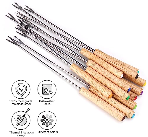 Set of 12 Stainless Steel Fondue Forks, 9.5 Inches Cheese Fondue Sticks Smore Sticks with Wooden Handle Heat Resistant for Chocolate Fountain Cheese Fondue Roast Marshmallows Fruits
