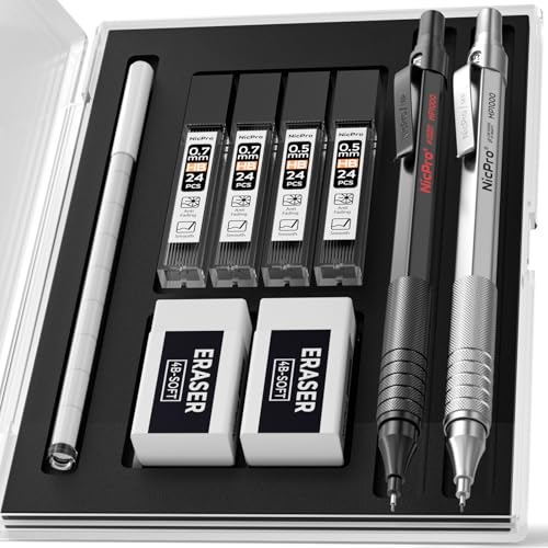 Nicpro 2 Portaminas Mecánicas de 0,5 mm y 0,7 mm con Estuche. Juego de Lápices Metálicos MP1000 con 4 Tubos de Recambio de Mina HB, 2 Borradores y 9 Recambios de Borrador para Arte, Escritura, Dibujo
