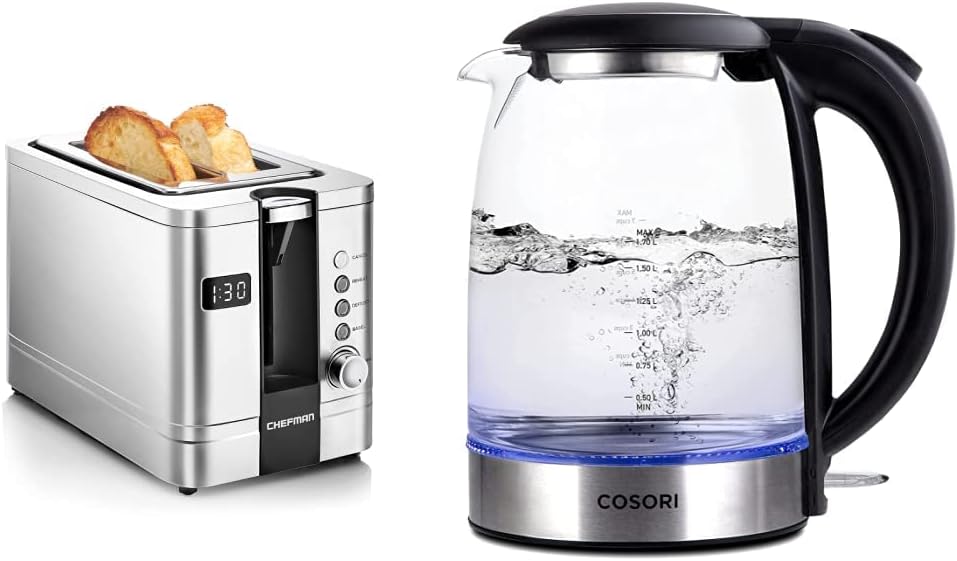 Chefman 2-Slice Digital Toaster, Pop-Up, Stainless Steel & COSORI Electric Kettle 1.7L, 1500W Wide Opening Glass Tea Kettle & Hot Water Boiler, Stainless Steel Filter And Inner Lid, Black