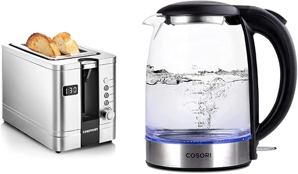Chefman 2-Slice Digital Toaster, Pop-Up, Stainless Steel & COSORI Electric Kettle 1.7L, 1500W Wide Opening Glass Tea Kettle & Hot Water Boiler, Stainless Steel Filter And Inner Lid, Black