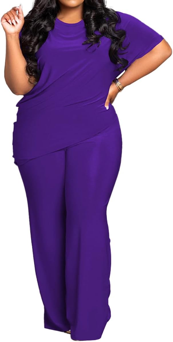 TOPSRANI Womens Plus Size 2 Piece Lounge Sets Casual Sweatsuits Tracksuit Crewneck Short Sleeve Outfits Baggy Wide Leg Pants Purple 4XL