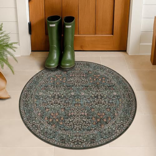 Vintage 3ft Round Washable Entryway Rug Soft Small Round Area Rugs for Indoor Door Mat Bedroom Kitchen Bathroom Living Room Ultra-Thin Non-Slip Dark Green Floral Front Door Circle Rug Dcor