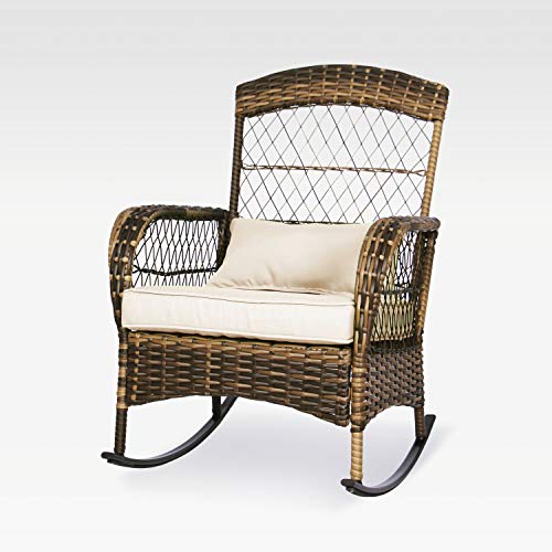 Enstver 3 Pieces Patio Conversation Set W/ 2 Rattan Wicker Rocking Chairs And Glass Table,For Garden Backyard Lown Porch (Beige) #TOP3