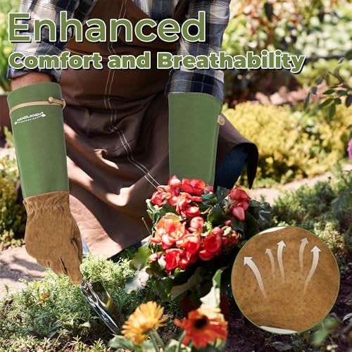 Image of HANDLANDY Rose Pruning Gloves for Men Women, Thorn Proof Gardening Gloves | Long Leather Gardening Gloves, Breathable Leather Gauntlet, Best Garden Gifts & Tools for Gardener (Moss Green, L)