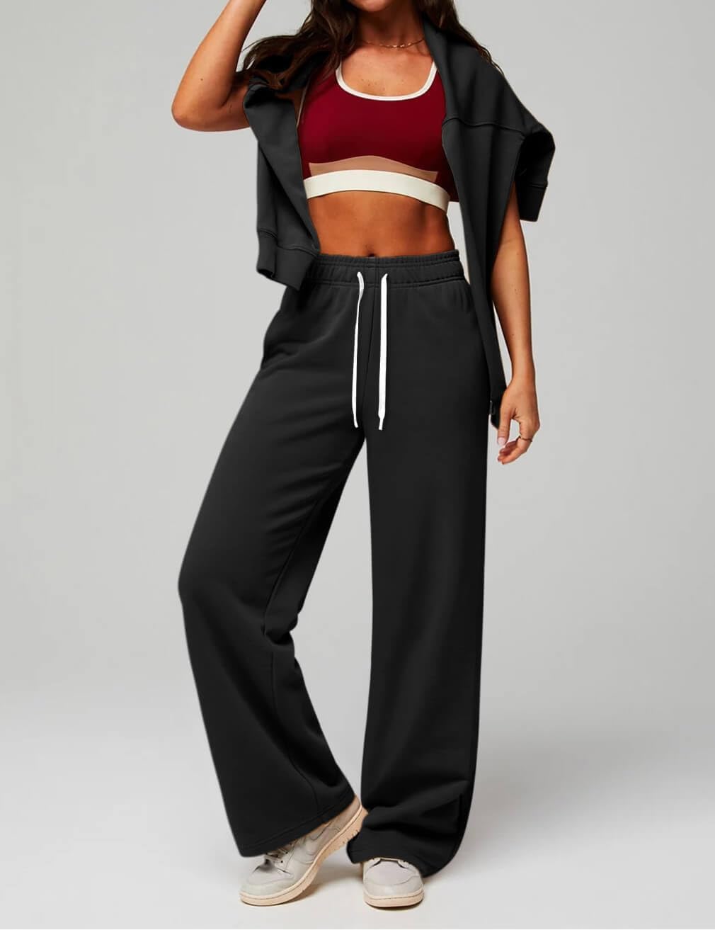 HeSaYep Women's Wide Leg Sweatpants Elastic High Waist Loose Sweat Pants Straight Leg Drawstring Trousers with Pockets - Image 3