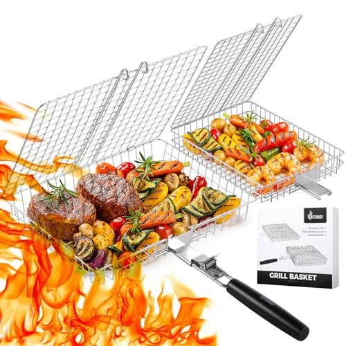 Nesting Grill Baskets, 2PCS Grilling Baskets for Outdoor with Removable Handle, Stainless Steel BBQ Camping Cooking Accessories Tools for Meat Steak Fish Vegetable Shrimp, Gifts for Men Dad Husband