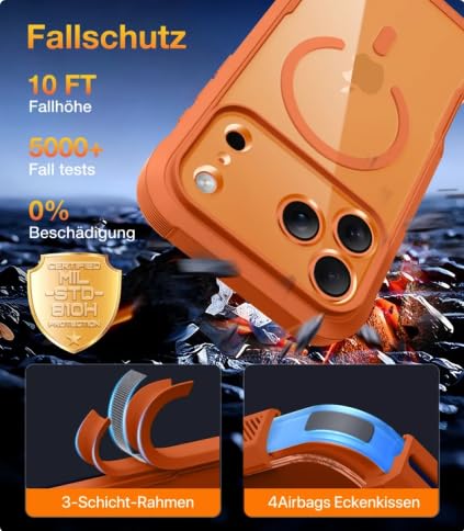 Diaclara für iPhone 17 Pro Hülle mit MagSafe, Militärschutz 360 Grad Vollschutz Schutzhülle mit integrierter Displayschutzfolie und Kameraschutz, Handyhülle Case für iPhone 17 Pro 6,3\,Orange