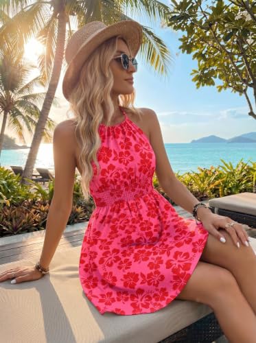Image of BLENCOT Womens Summer Beach Halter Neck Dresses Casual Smocked A Line Floral Mini Dress with Pockets