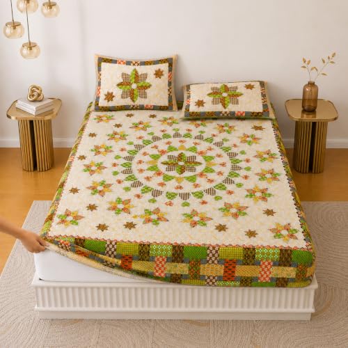 Image of Jaipur Weaves Bedsheet King Size 100% Pure Cotton Bed Sheet with 2 Pillow Covers, 144 TC Premium Bedding Set, 72x78 inches,(Floral Mandala Green, Super King Fitted)