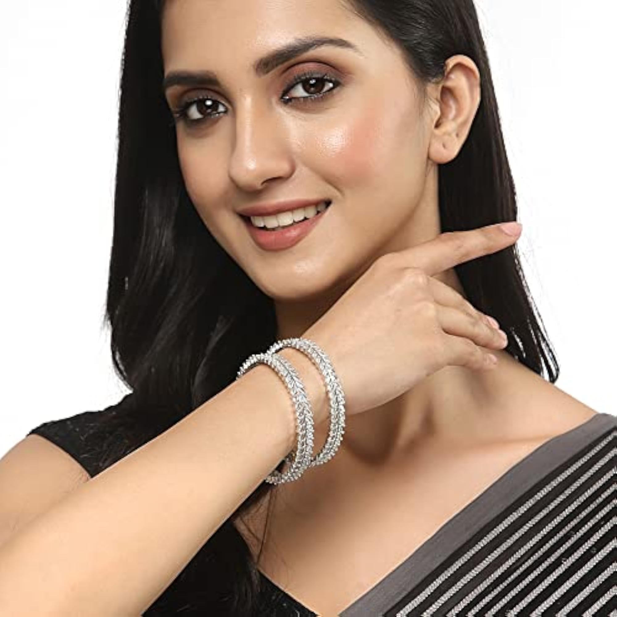 Rhodium-Plated Silver Toned Bangle Set for Women