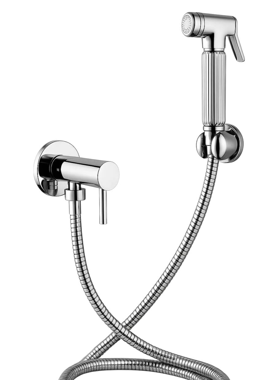 Ensemble Hygiénique WC en Laiton Massif – Douchette Chromée avec Robinet d’Arrêt, Flexible et Support Mural, Idéal pour Toilettes et Salles de Bain Modernes
