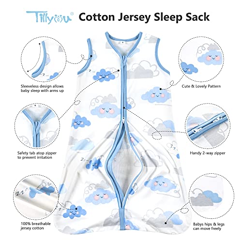 TILLYOU 2 Pack Infant Sleep Sack 0-6 Months 100% Cotton Wearable Blanket 0.5 TOG Sleeveless Summer Sleep Sacks with 2-Way Zipper, Small Cloud & Blue