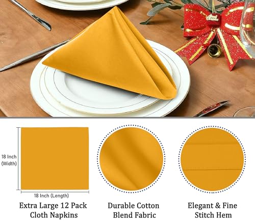 Image of Ruvanti Cloth Napkins Set of 6, 18x18 Inches Napkins Cloth Washable, Soft, Durable, Absorbent, Cotton Blend. Table Dinner Napkins Cloth for Hotel, Lunch, Restaurant, Wedding Parties - Mustard