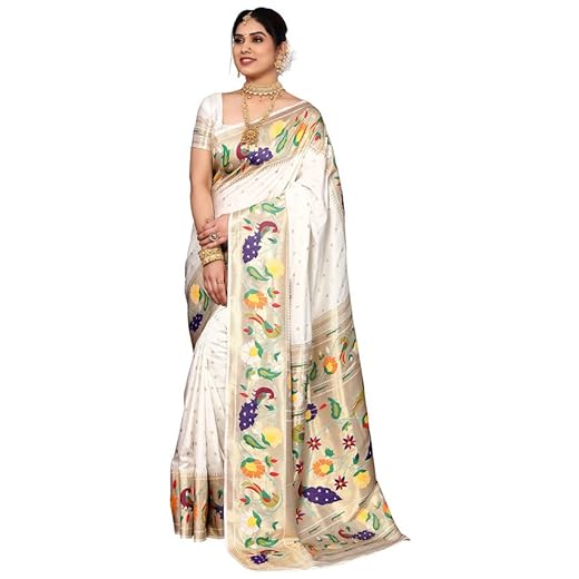 SIRIL Women's Paithani Soft Silk Saree with Unstitched Blouse Piece (2909S5286_White, Gold)
