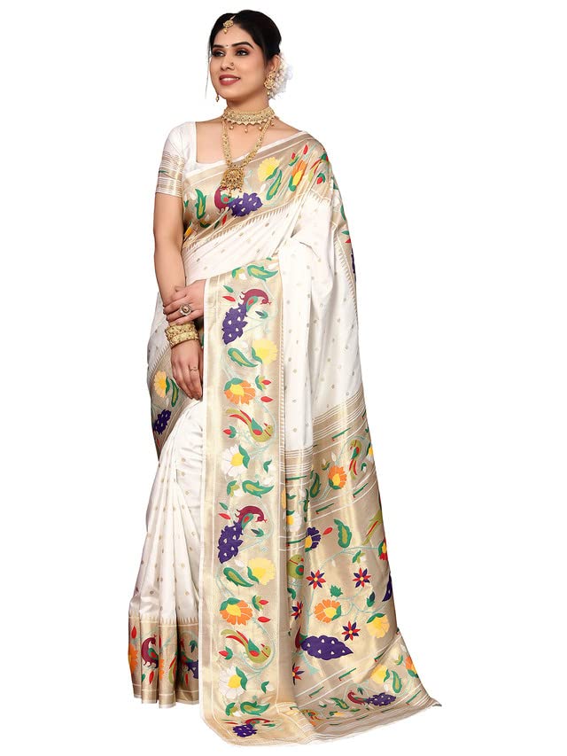 Women's Paithani Jacquard Poly Silk Saree With Unstitched Blouse Piece (Free White, Gold)