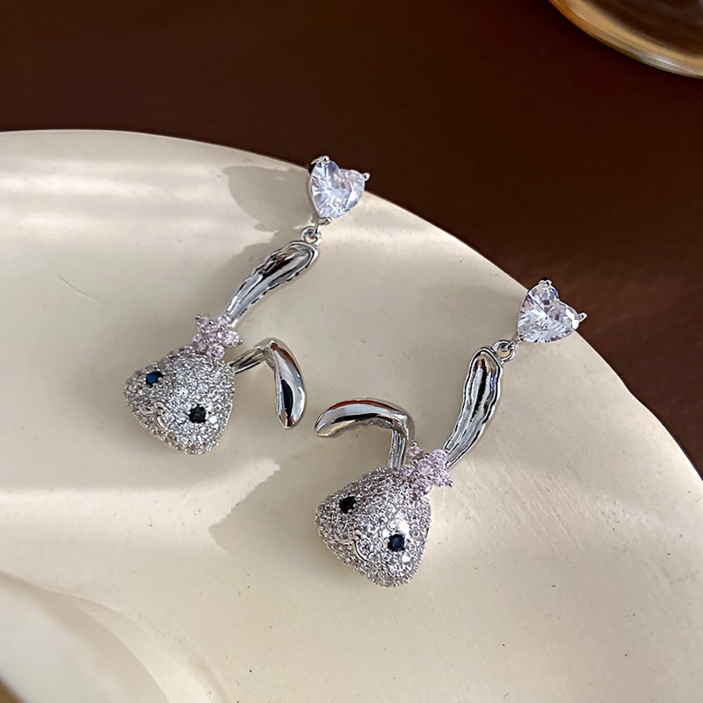 Dainty Bunny Rabbit Drop Dangle Earrings 925 Sterling Silver Pin Post Crystal Pink CZ Flower Love Heart Animal Stud Earring Cute Easter Birthday Jewelry Gifts for Women Girls - Image 5