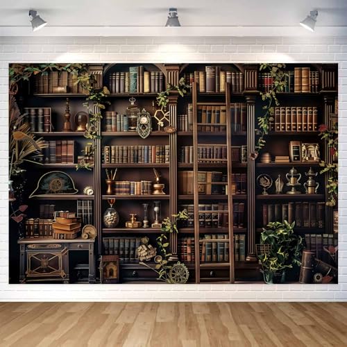 10X8ft Vintage Bookshelf Background, Retro Study Bookshelf Photography Background Ancient Library Bookshelf Backdrop Decor Kid Adult Artistic Portrait Photo Booth Props, Black-4