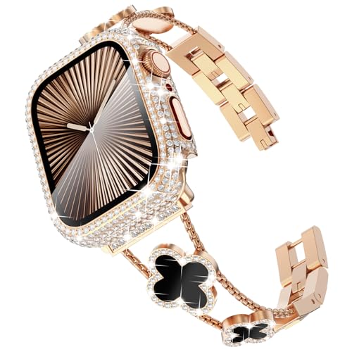 Surace Compatible with Apple Watch Bands for Women 42mm 41mm 40mm 38mm, Jewelry Diamond Rhinestone Metal Wristband Clover Strap with Bling Protective Case for iWatch Series 11/10/9/8/7/6/5/4/3/2/1/SE3 by Surace - Used condition - US$13.00