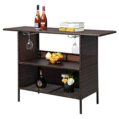 Outvita Patio Rattan Bar Table, Wicker Counter bar Table with 2 Layer Shelves and Wine Racks for Poolside, Backyard, Garden, Porches Brown