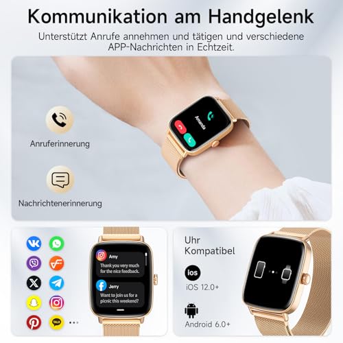 Smartwatch Damen mit Telefonfunktion,1.85" HD Uhren Damen mit Herzfrequenz Schlafmonitor SpO2 Schrittzähler,110+ Sportmodi Fitnessuhr,IP68 Wasserdichte Smart watch Kompatibel für iOS/Samsung/Android 2