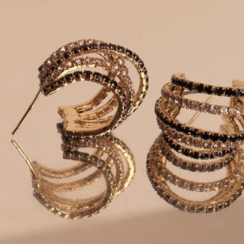 Sonateomber Black White Multiple Rhinestone Hoops C Wrap Claw Earring For Women Girls - Dainty Cubic Zirconia Chunky Diamond Triple Hoop Open Half Huggie Stud Fashion Jewelry #TOP6