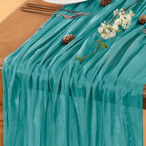 LINXTAR Teal Table Runner Cheesecloth Table Runner 10FT Rustic Table Runners 35 x 122 Inches Boho Decoration for Home Wedding Baby Shower Birthday Party