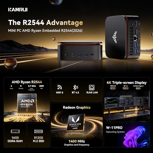 Image of KAMRUI Mini PC, Pinova P1 Micro Desktop Computer, AMD Ryzen R2544 (Beats 4300U /3500U /10110U, Up to 3.7GHz), 16GB DDR4 RAM 512GB M.2 SSD, Triple 4K Display, WiFi BT, Small PC for Business Office Home