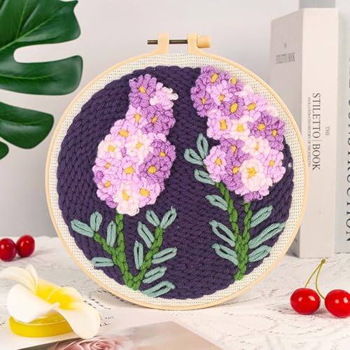 Image of Allazone 3 Set Punch Needle Embroidery Starter Kits with Flower Pattern, Punch Needle Tool Threader Fabric, Yarn, Embroidery Hoop for Crafts, Home Decor