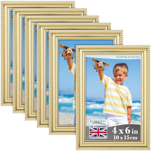 Icona Bay - 6x4 inch Picture Frames - Gold 6 Pack - Beautifully Detailed Moulding - Contemporary Picture Frame Set - Wall Mount or Table Top - Inspirations Collection