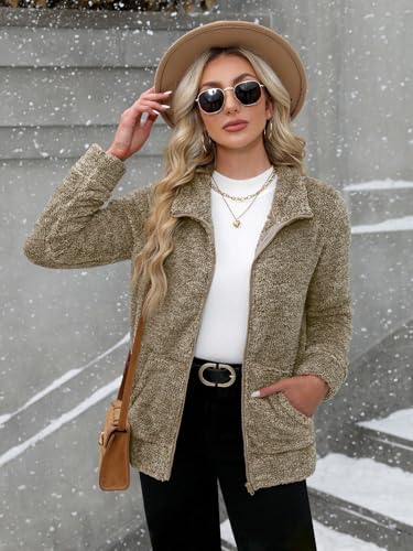 BesserBay Winter Damen Warm Stehkragen Casual Fleece Jacke Weich Outdoor Bequem Plüschjacke Coffee L