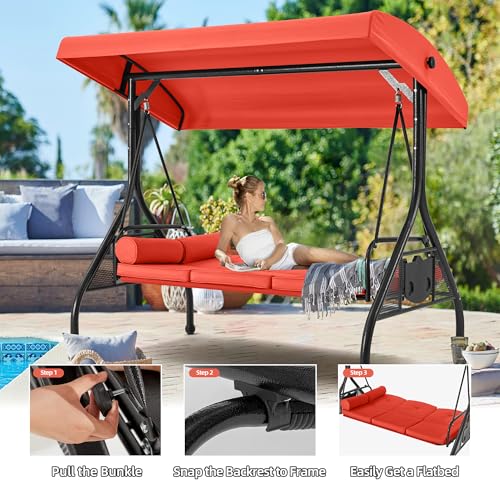 Image of HOMREST 3 Seat Outdoor Porch Swing with Adjustable Canopy, Convertible Patio Swing Bed with Stand, Patio Glider Swing with Upgraded Cup Holder, Thicken Cushions ＆ Pillow for Backyard(Orange)