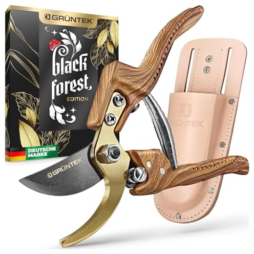 GRÜNTEK Premium Gartenscheren Set Bypass 210 mm mit Echtleder-Holster, Black Forest Edition, Geschenk Idee, Antihaft-beschichtete Präzisionsklinge, Titan-beschichtet, Ergo-Griff in Natur Holz-Design