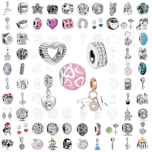 9Pcs Plated Silver Spacer Beads Charms fit Pandora Pendants Bracelet Dangle Pack Set Mom friends Love heart