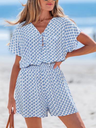 Image of CUPSHE Womens Summer Romper Front Tie Elastic Waist Beach Workout Rompers | Plunge V neck Short sleeve Wide leg, Casual Vacation Holiday Work Business Daily Outfits, Short One Piece Jumpsuit Dressy