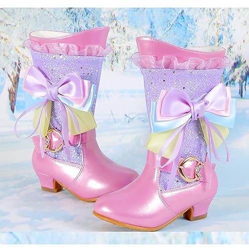 Girls Winter Low Heels Glitter Princess Boots Bowknot Warm Fur Boots2