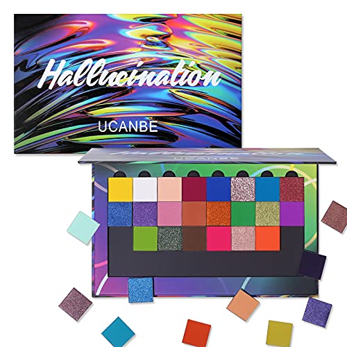 UCANBE 32 Colors DIY Eyeshadow Palette, Refillable and Removable Eye Shadow With Magnetic Palette, Highly Pigmented Long lasting Rainbow Eye Makeup Palette, Matte Glitter Metallic Cosmetics Gift Kit (Hallucination)
