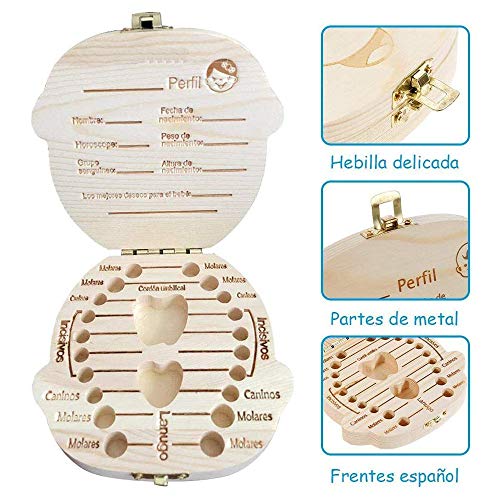 Miniatura 3 de Geekerchip Bebé Dientes Caja Niña ,Caja De Madera Para Guardar Dientes Para Little Bebé Versión Español