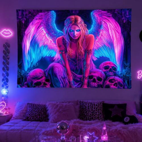 Image of BlissYard Blacklight Gothic Tapestry 78x59 Inch Womens Tapestry | Cool Girl Art Skull Trippy Wall Art, Uv Reactive Glow In the Dark Psychedelic Wall Hanging for Bedroom Dorm Room Decor