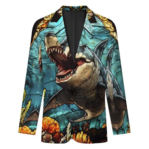 Glass Window Shark Megalodon Ocean Funny Suits Blazer for Men Business Jacket 2 Button Sport Coat Wedding Office3