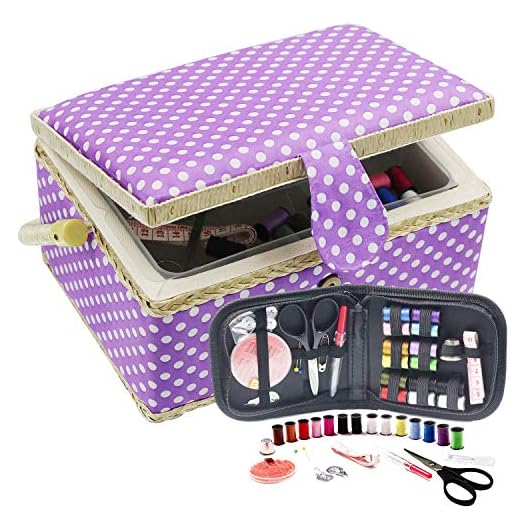 D&D Sewing Basket with Sewing Kit, Sewing Box Organizer with Accessories, Sewing Supplies Storage with Sewing Tools Set (Purple, Medium)