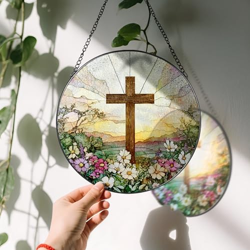 image for LAOWEIKI 8 Inch Stained Glass Cross and Wildflowers Suncatcher Christi
